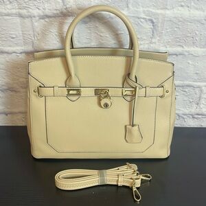 NWOT Cream Satchel with Gold Accents and Textured Finish Strap Zippered Closure
